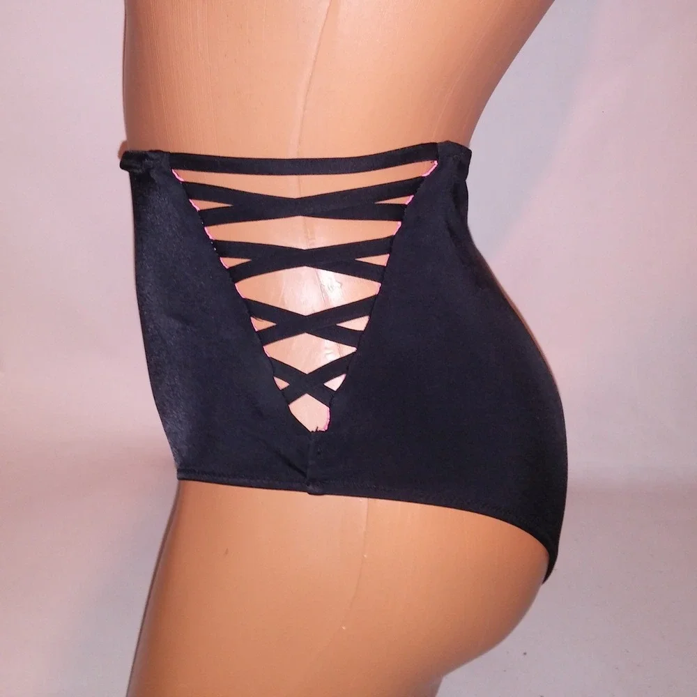 Victoria Secret PINK Swim Bottom Medium High Waist Bikini Solid Black Strappy